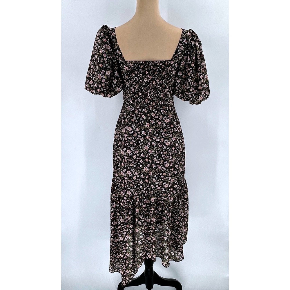 ASTR The Label Black Pink Ditsy Floral Puff Sleeve Asymmetric Midi Dress Small - Picture 2 of 12